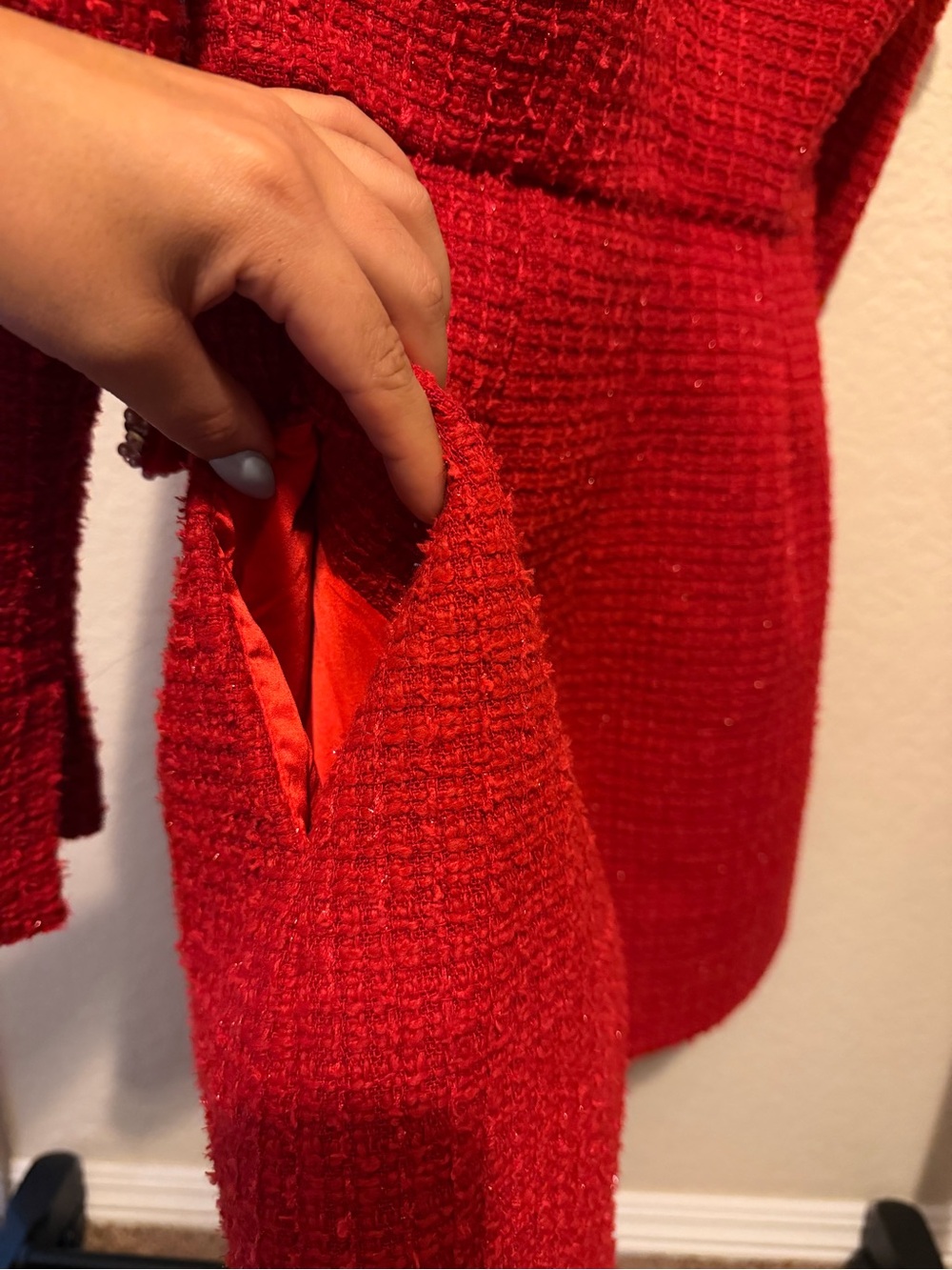 NADINE MERABI Red Tweed Pearl-Trim Long Sleeve Mini Dress - Picture 7 of 7